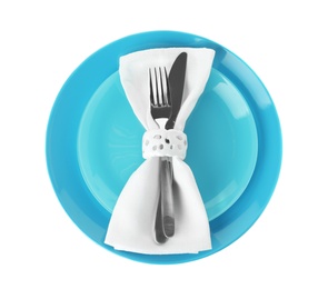 Photo of Plates with cutlery and napkin on white background, top view. Festive dinner setting