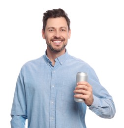 Photo of Happy man holding tin can with beverage on white background