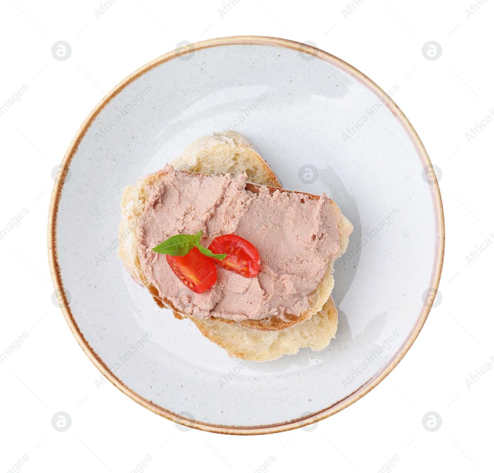 Photo of Plate with delicious liverwurst sandwich on white background, top view