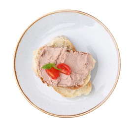 Plate with delicious liverwurst sandwich on white background, top view