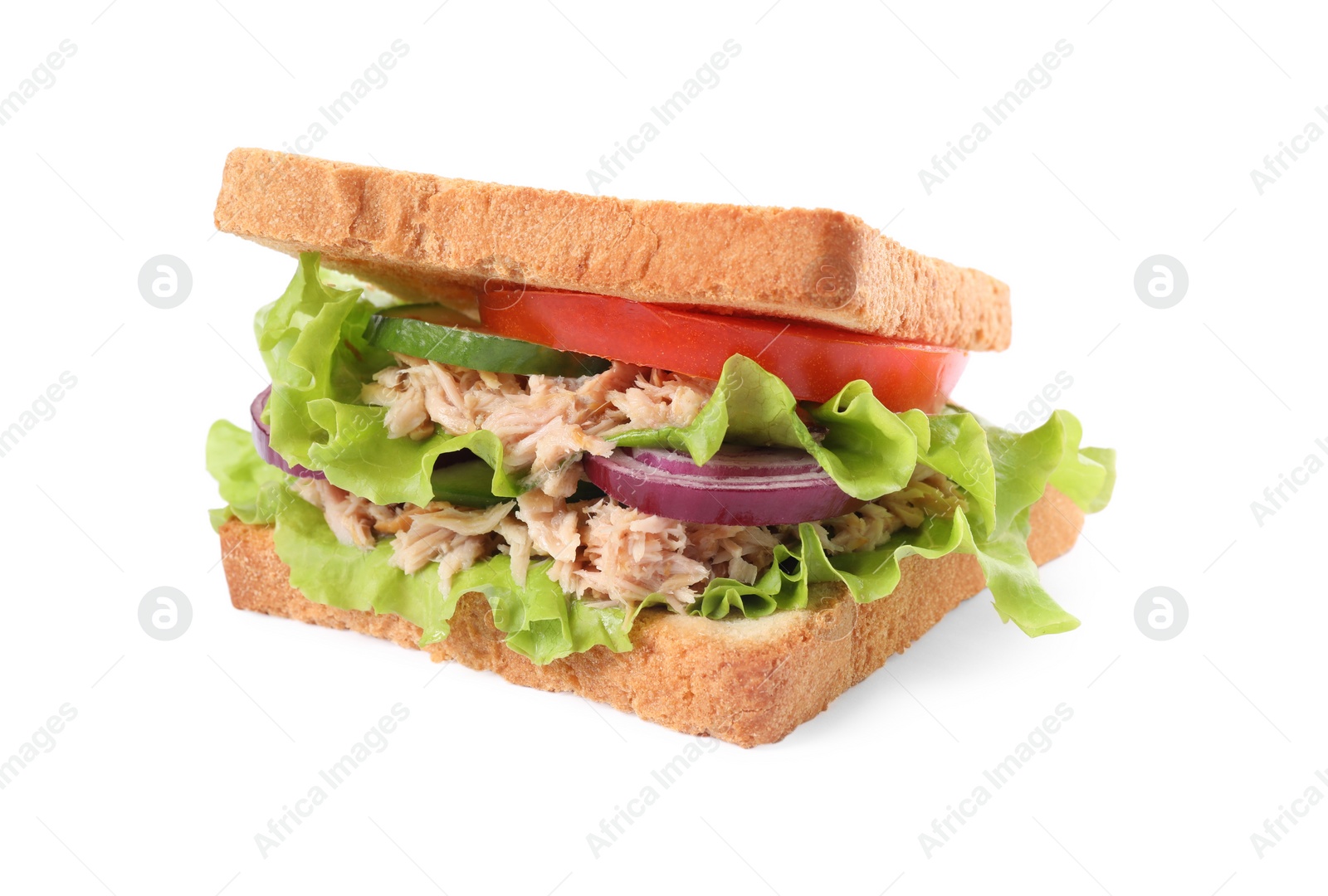 Photo of Delicious sandwich with tuna and vegetables on white background