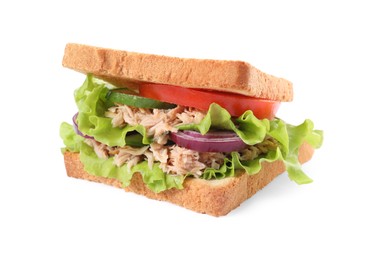 Delicious sandwich with tuna and vegetables on white background