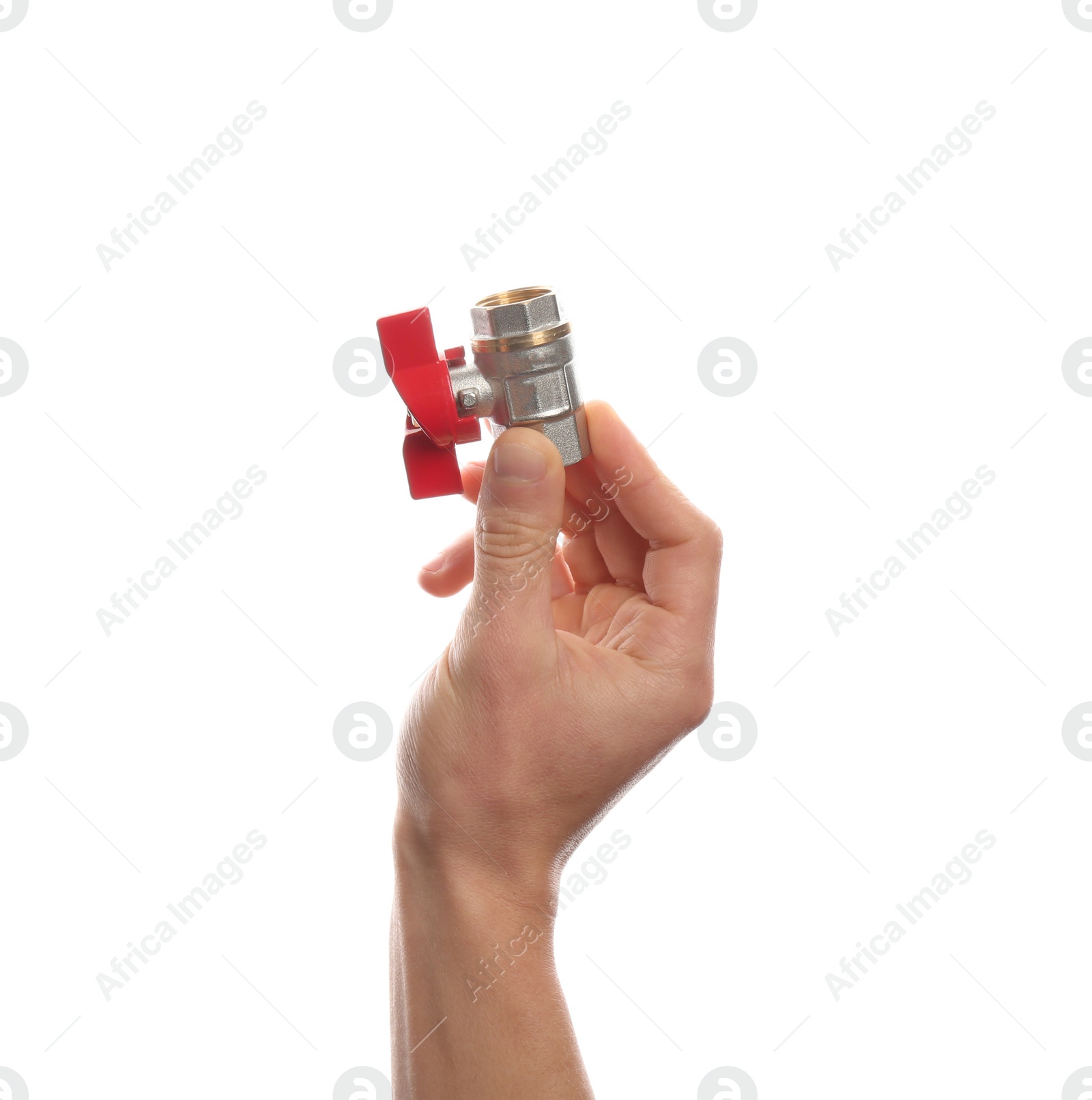 Photo of Male plumber holding water valve on white background, closeup