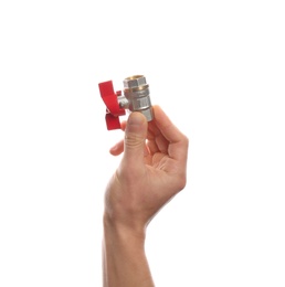 Photo of Male plumber holding water valve on white background, closeup