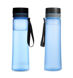 Image of Stylish closed light blue bottle with water on white background