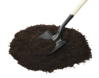 Photo of Shovel and pile of soil isolated on white
