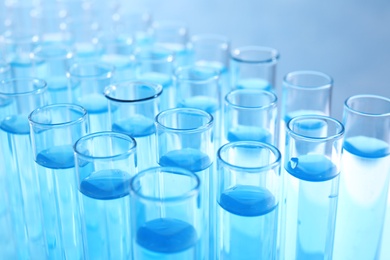 Photo of Many test tubes with light blue liquid, closeup