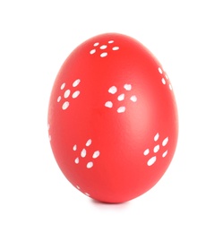 Photo of Creative painted red Easter egg on white background