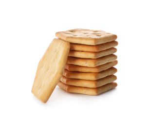 Photo of Stack of delicious crispy crackers isolated on white