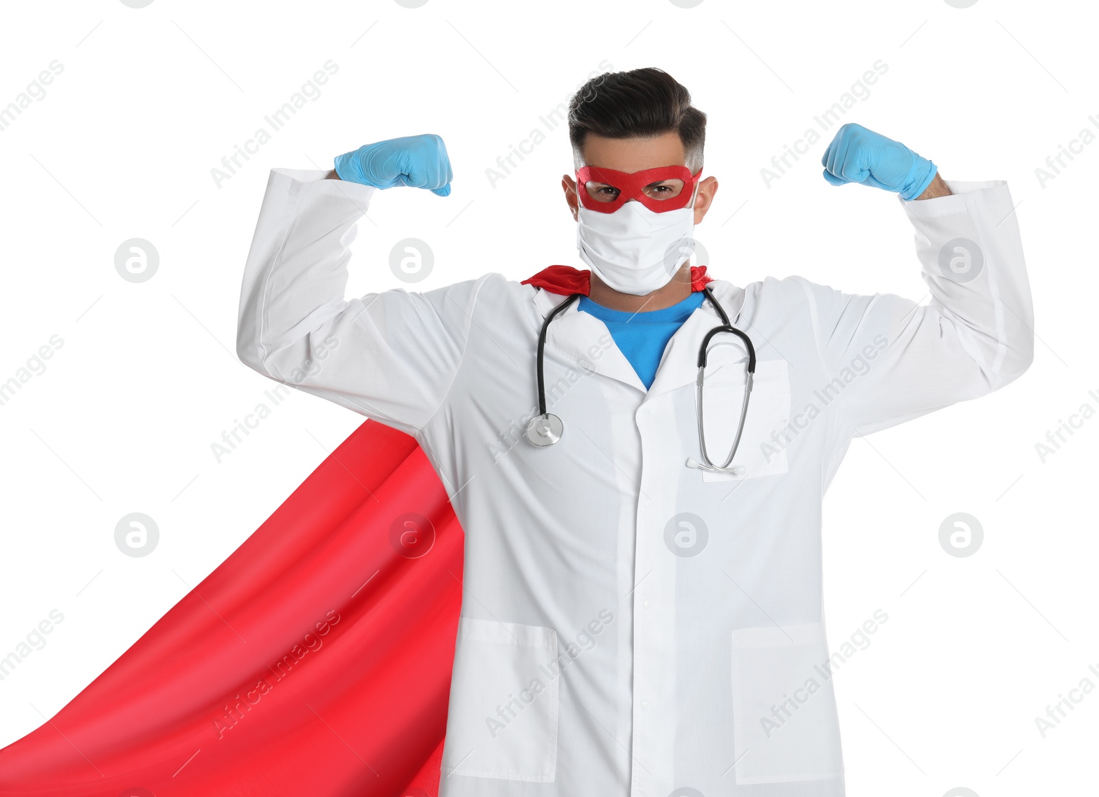 Photo of Doctor wearing face mask and cape on white background. Super hero power for medicine