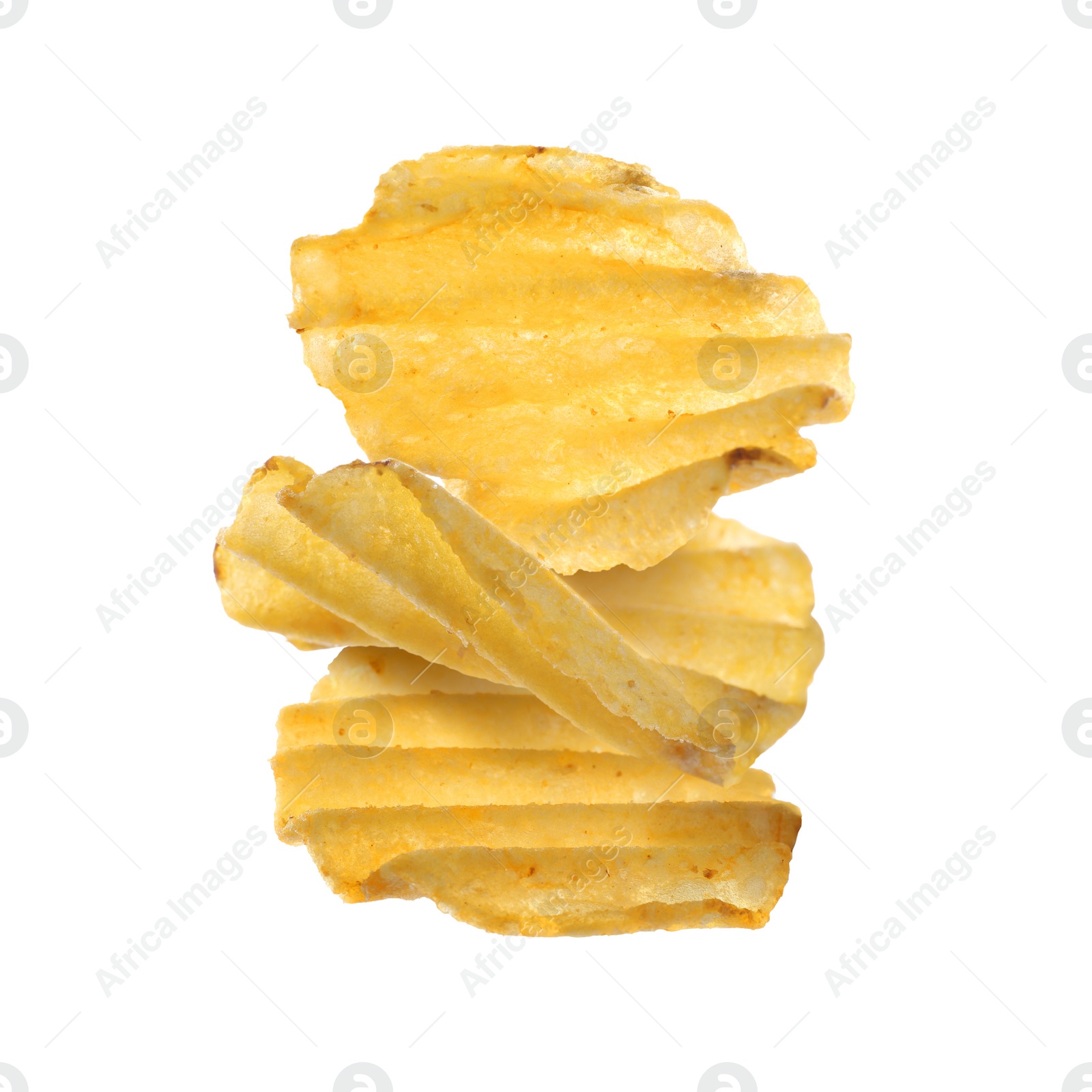 Image of Stack of tasty ridged potato chips on white background