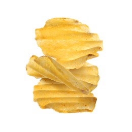 Image of Stack of tasty ridged potato chips on white background