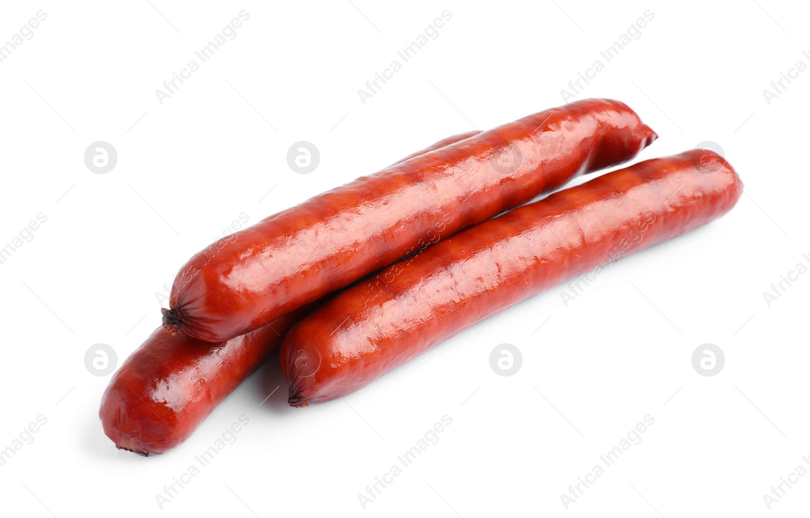 Photo of Delicious grilled sausages on white background. Barbecue food