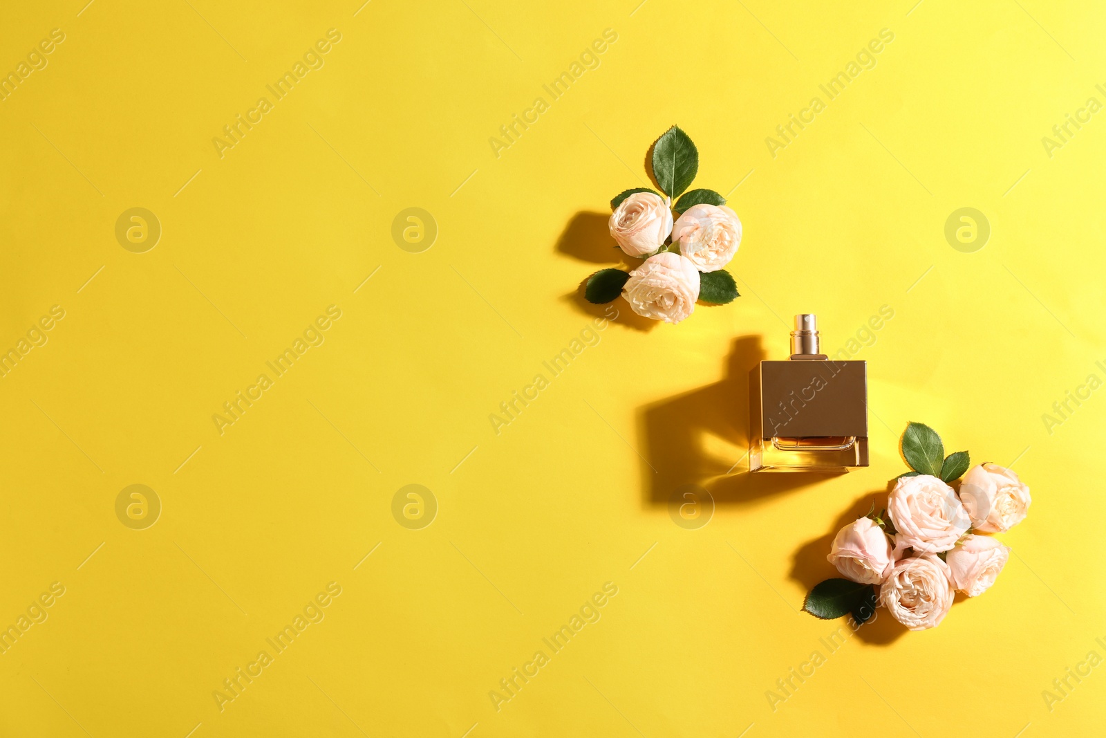 Photo of Flat lay composition with bottle of perfume and roses on color background, space for text