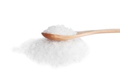 Photo of Natural salt and wooden spoon on white background