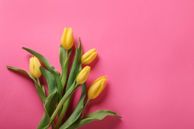 Photo of Many beautiful tulips on pink background, flat lay. Space for text