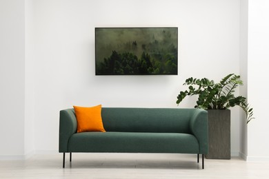 Photo of Sofa with cushion and houseplant. Beautiful interior design