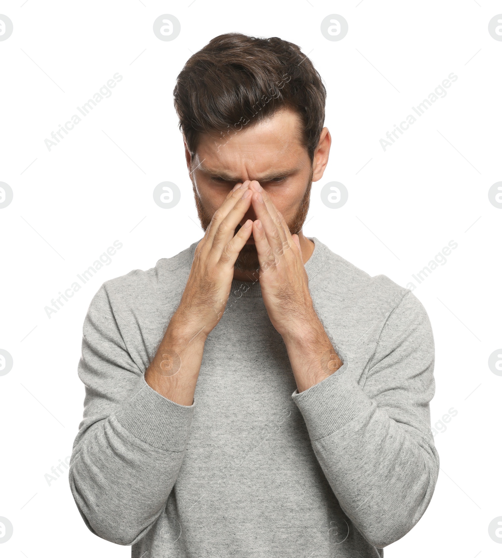 Photo of Man suffering from eyestrain on white background