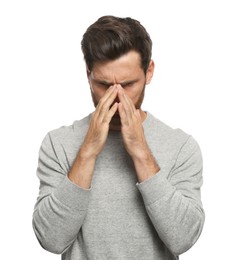 Photo of Man suffering from eyestrain on white background