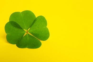 Photo of Beautiful green four leaf clover on yellow background, closeup. Space for text