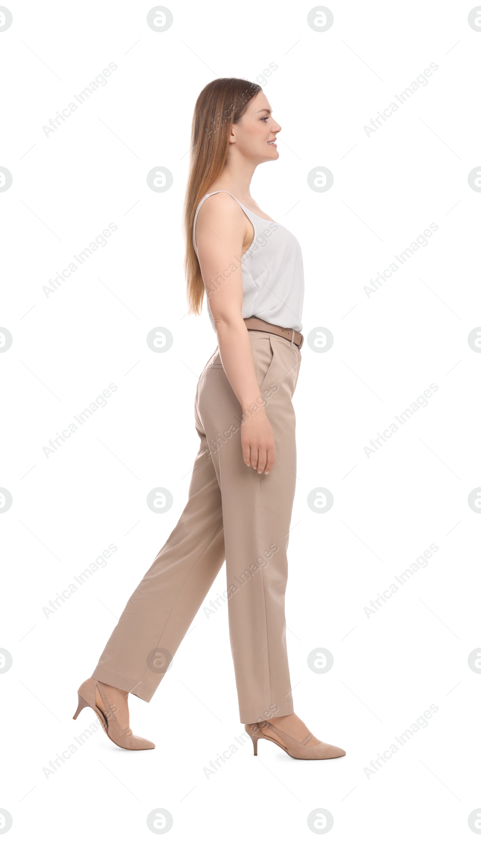 Photo of Beautiful business woman posing on white background