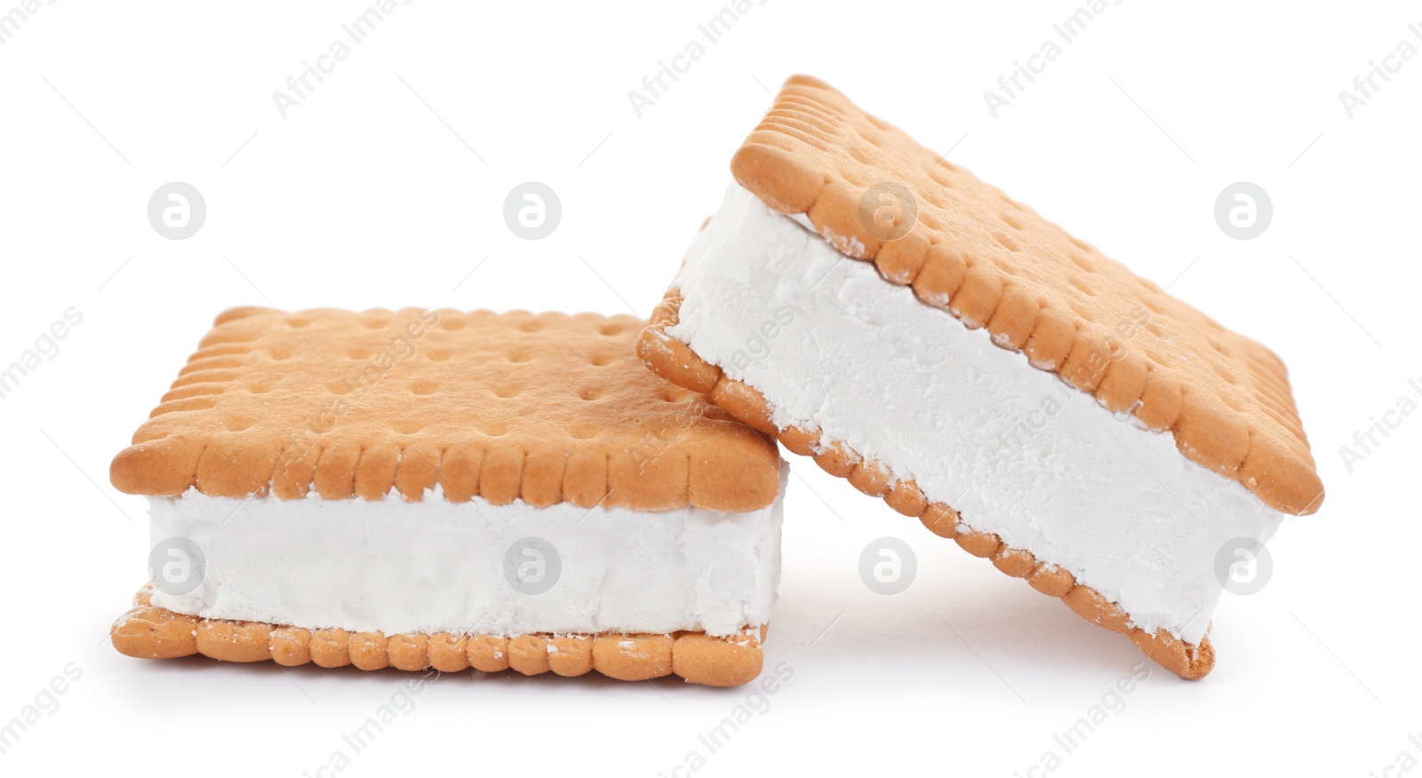 Photo of Sweet delicious ice cream cookie sandwiches isolated on white