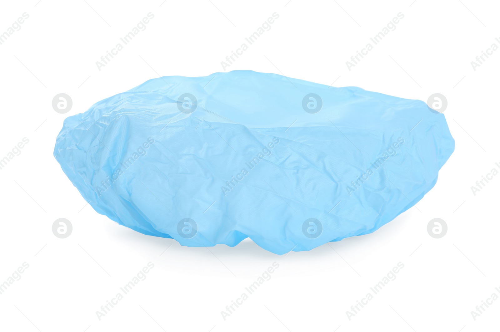 Photo of Light blue waterproof shower cap isolated on white