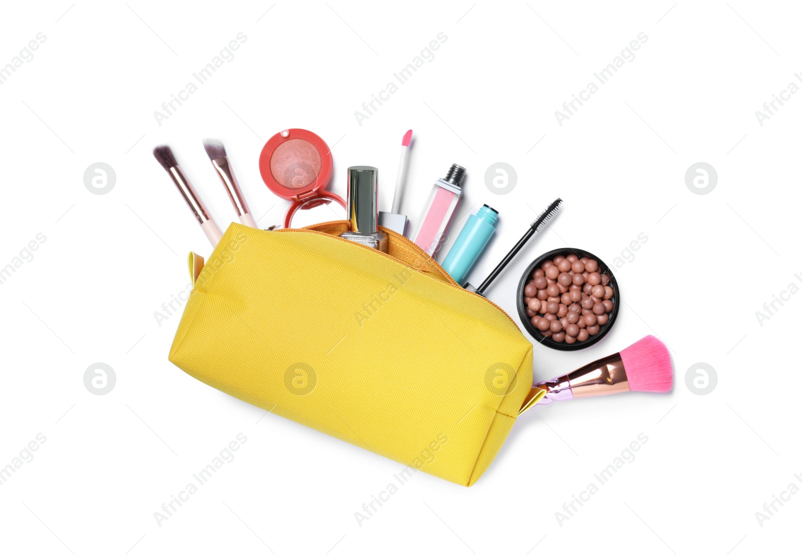 Photo of Cosmetic bag with makeup products and accessories on white background, top view