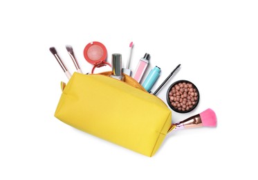 Cosmetic bag with makeup products and accessories on white background, top view