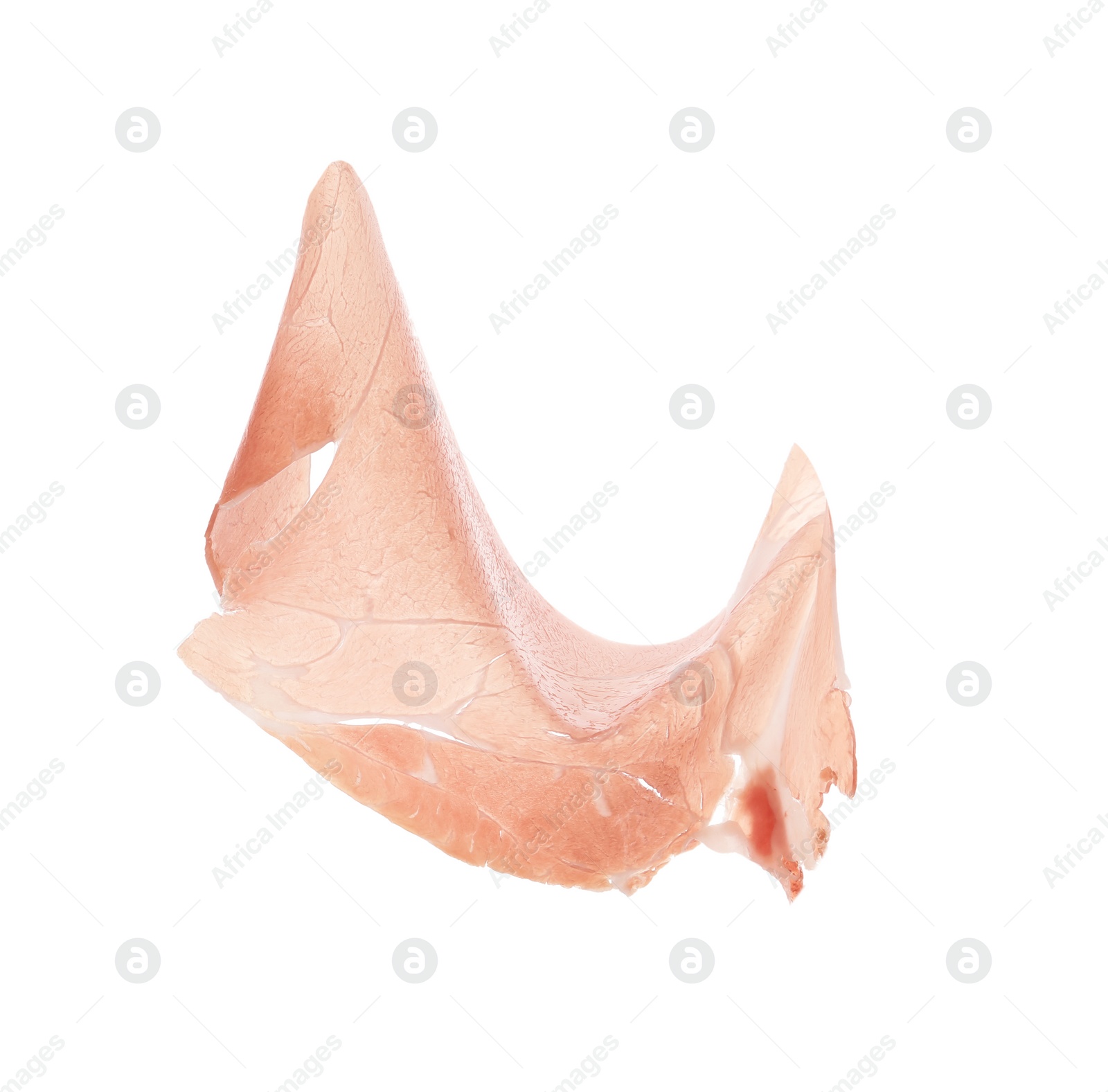 Photo of Slice of tasty prosciutto isolated on white