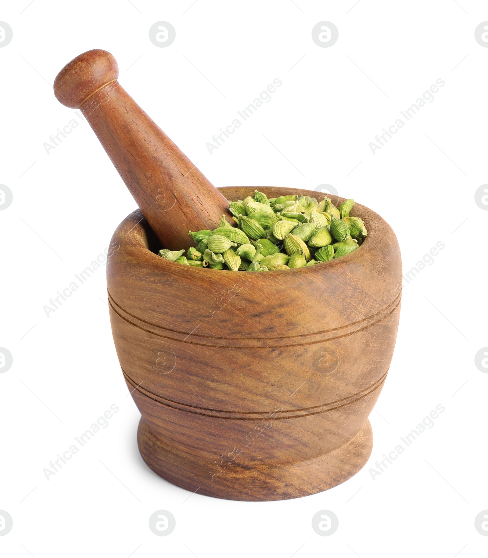 Photo of Wooden mortar with dry cardamom seeds isolated on white