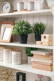 Photo of White shelving unit with plants and different decorative stuff