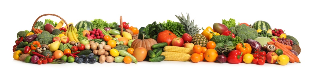 Collection of fresh organic vegetables and fruits on white background. Banner design 