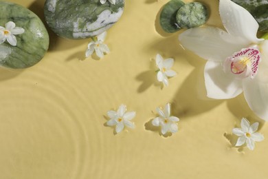 Beautiful flowers and spa stones in water on pale yellow background, top view