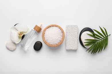 Flat lay composition with different spa products on white background