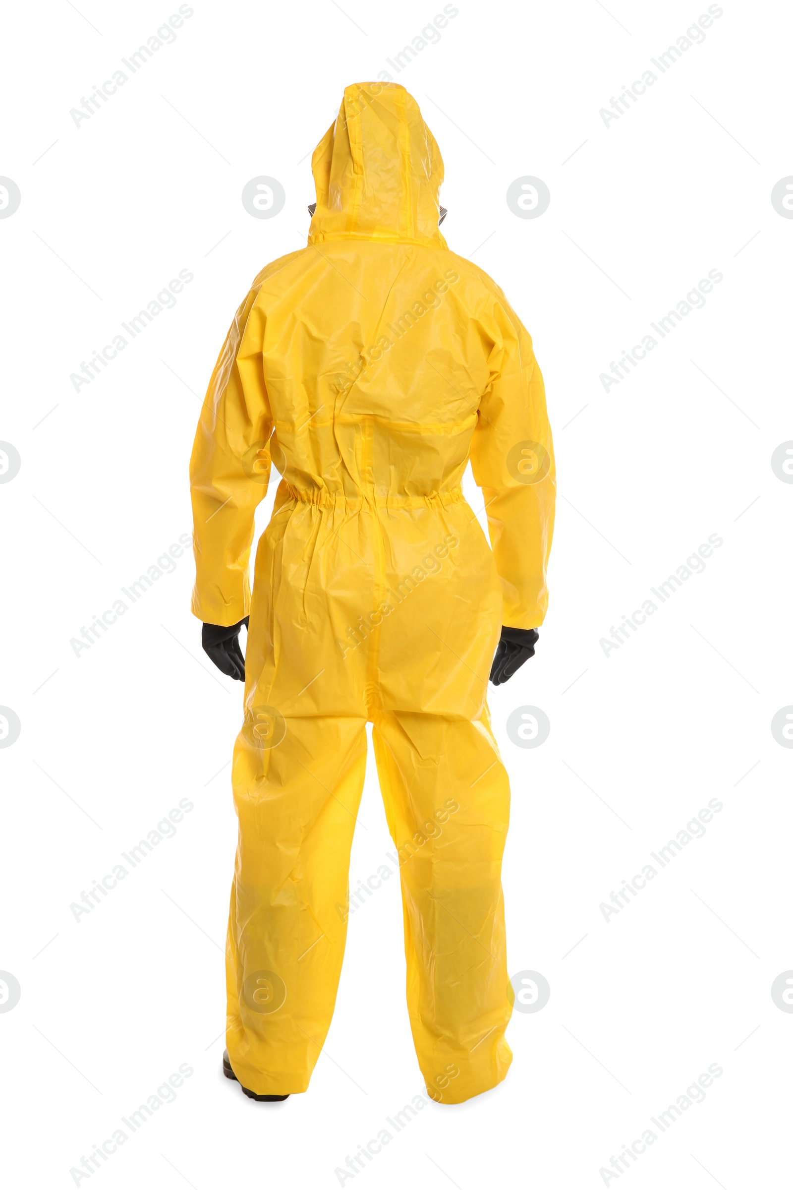 Photo of Man wearing chemical protective suit on white background, back view. Virus research