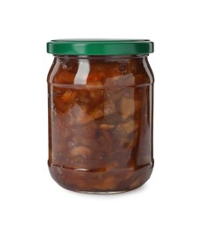 Photo of Tasty apple jam in glass jar isolated on white