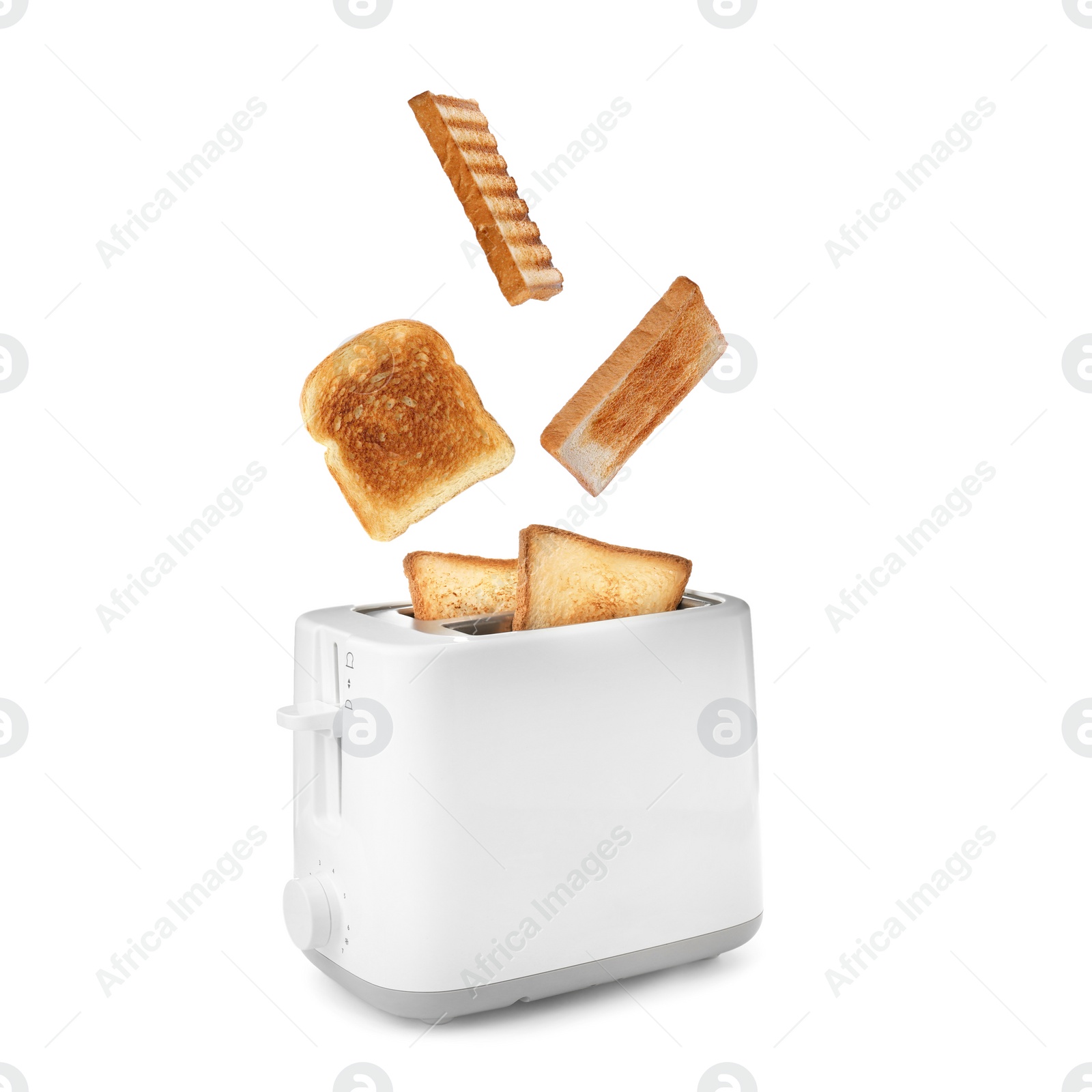 Image of Slices of grilled wheat bread flying out of toaster on white background 