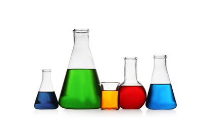 Photo of Chemistry glassware with color samples isolated on white