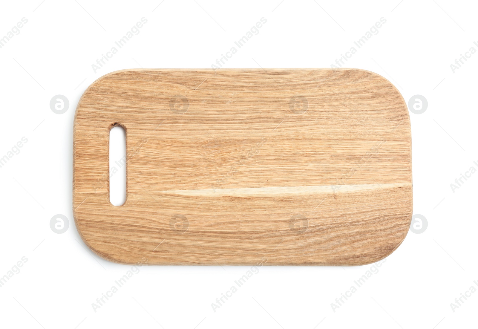 Photo of Wooden board isolated on white, top view. Cooking utensil