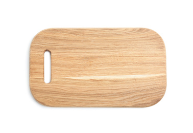 Wooden board isolated on white, top view. Cooking utensil