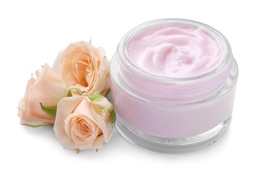Jar of body cream with rose flowers on white background