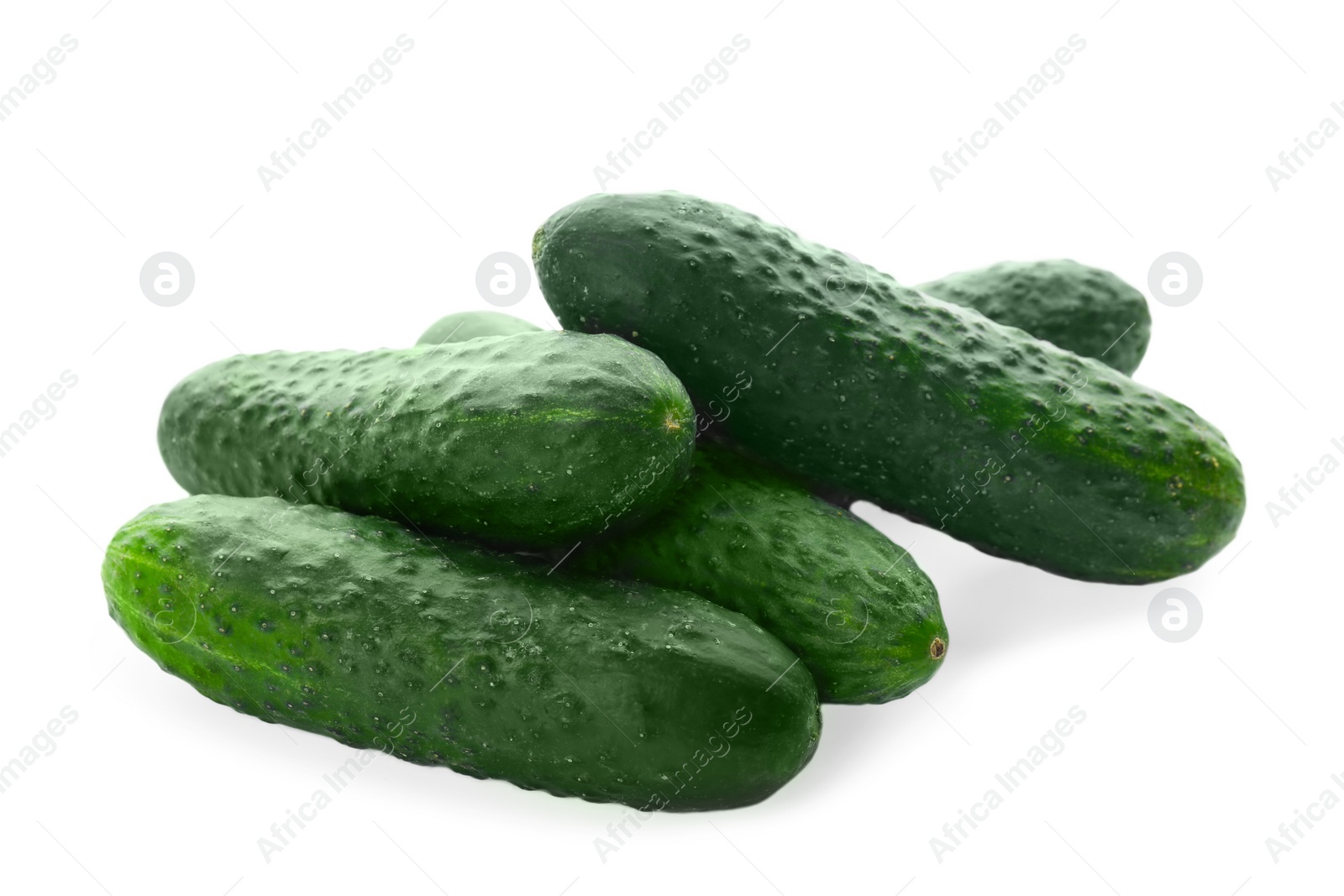 Photo of Whole fresh green cucumbers on white background