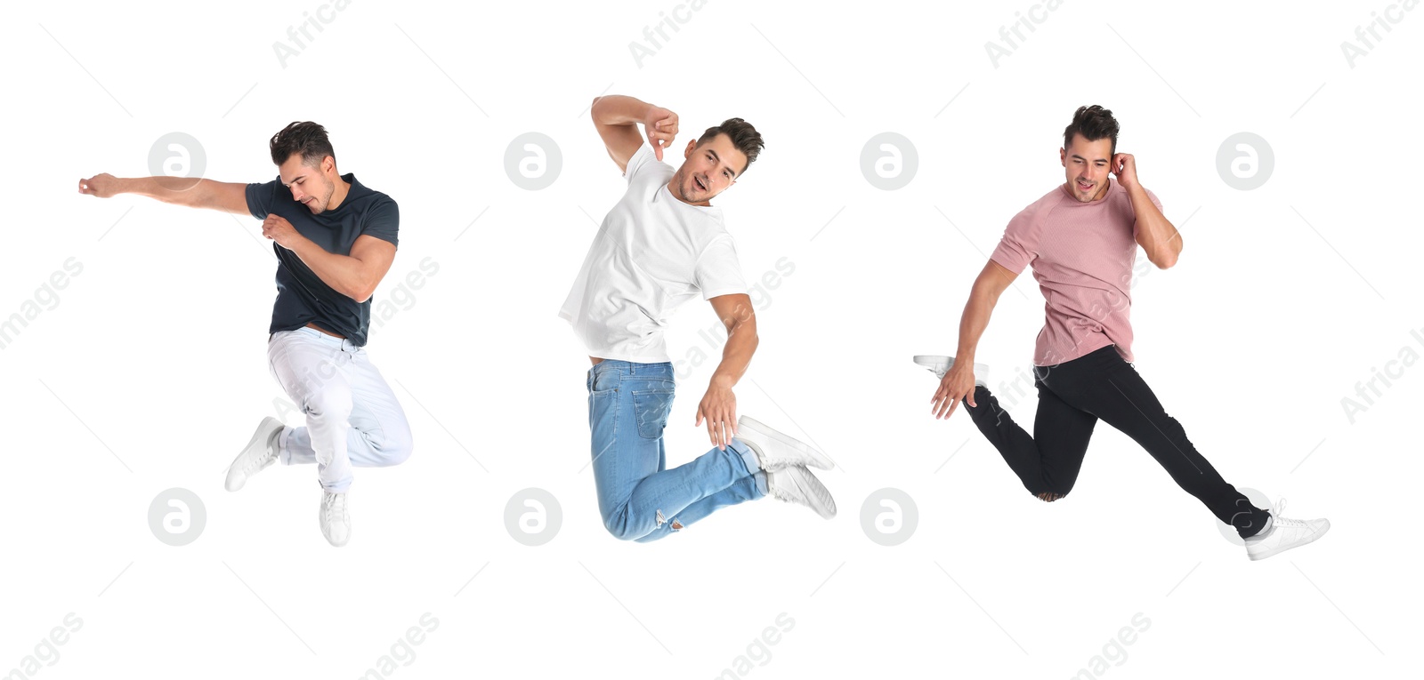 Image of Collage of emotional young man wearing fashion clothes jumping on white background