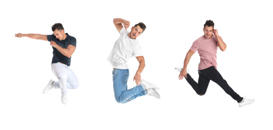 Collage of emotional young man wearing fashion clothes jumping on white background