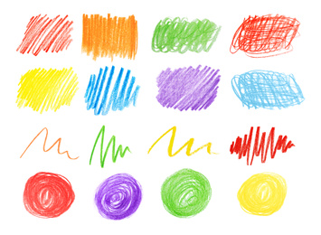 Image of Collage of color drawn pencil scribbles on white background