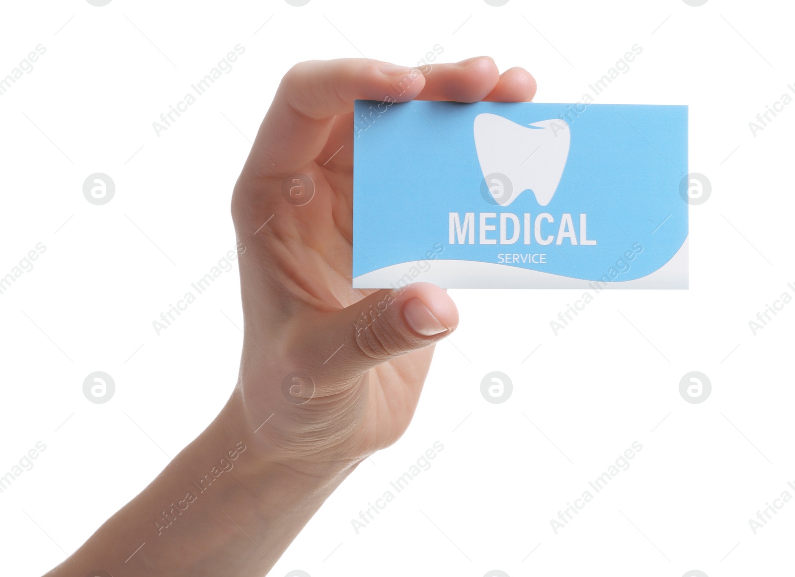 Photo of Woman holding business card isolated on white, closeup. Dental medical service