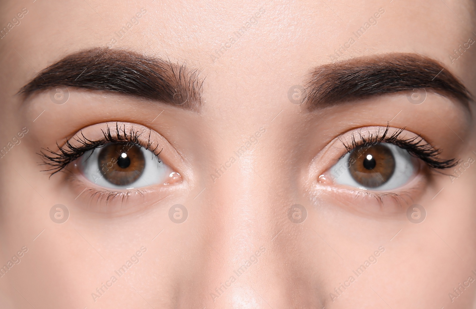 Photo of Beautiful woman with perfect eyebrows on grey background, closeup