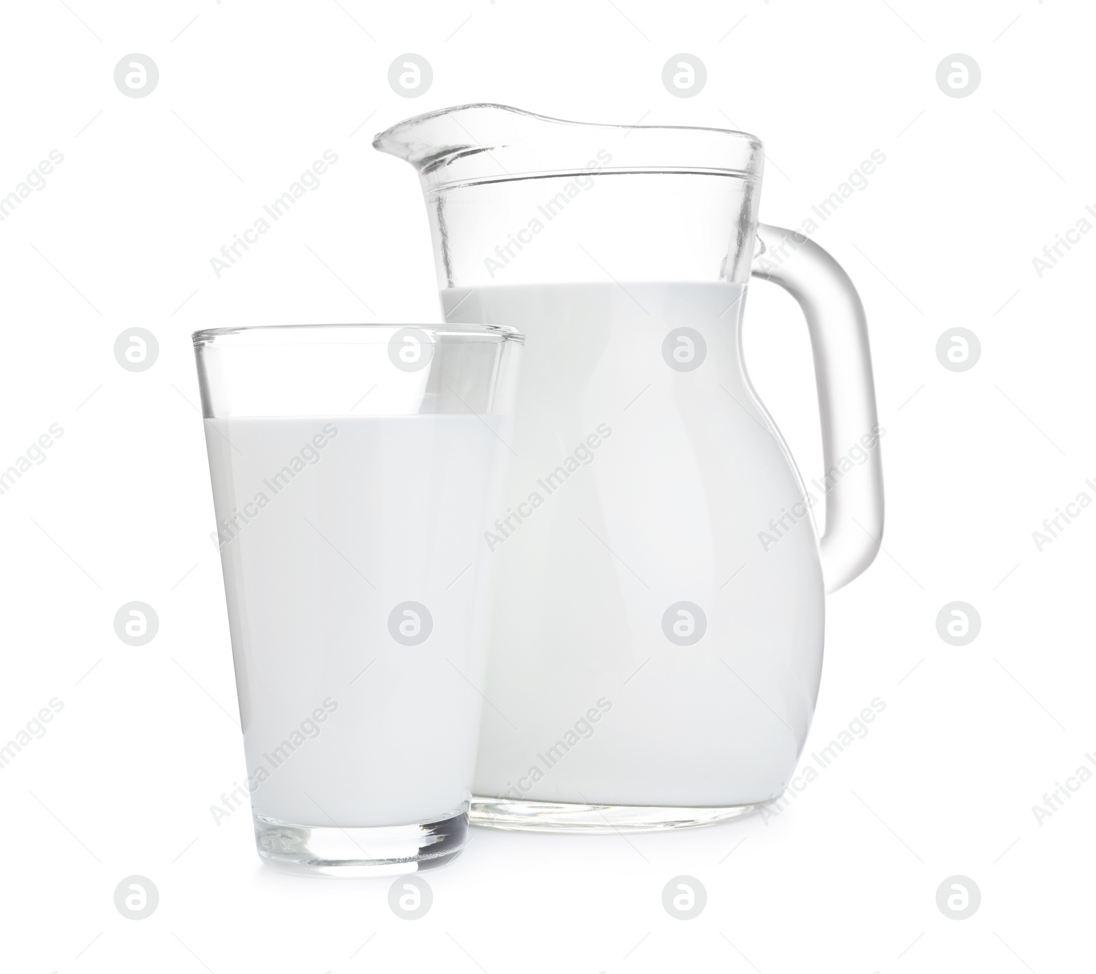 Photo of Jug and glass with fresh milk on white background