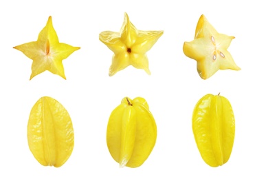 Set with delicious ripe carambola fruits on white background 